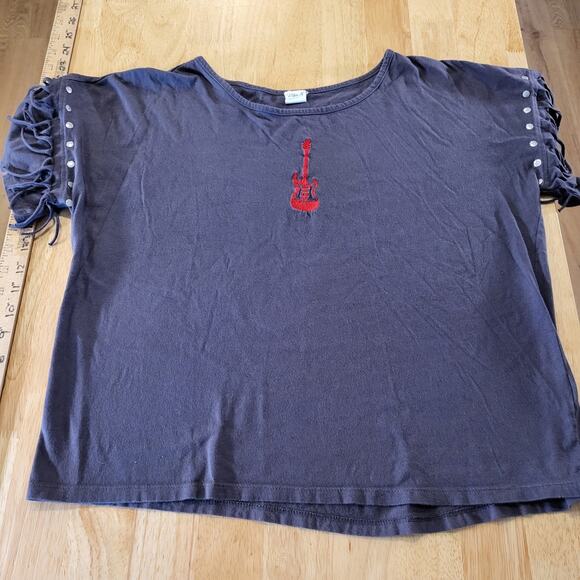 VibeN' Rock & Roll T-shirt Fringe Gray Short Sleeve Cropped Studded M - Picture 1 of 11